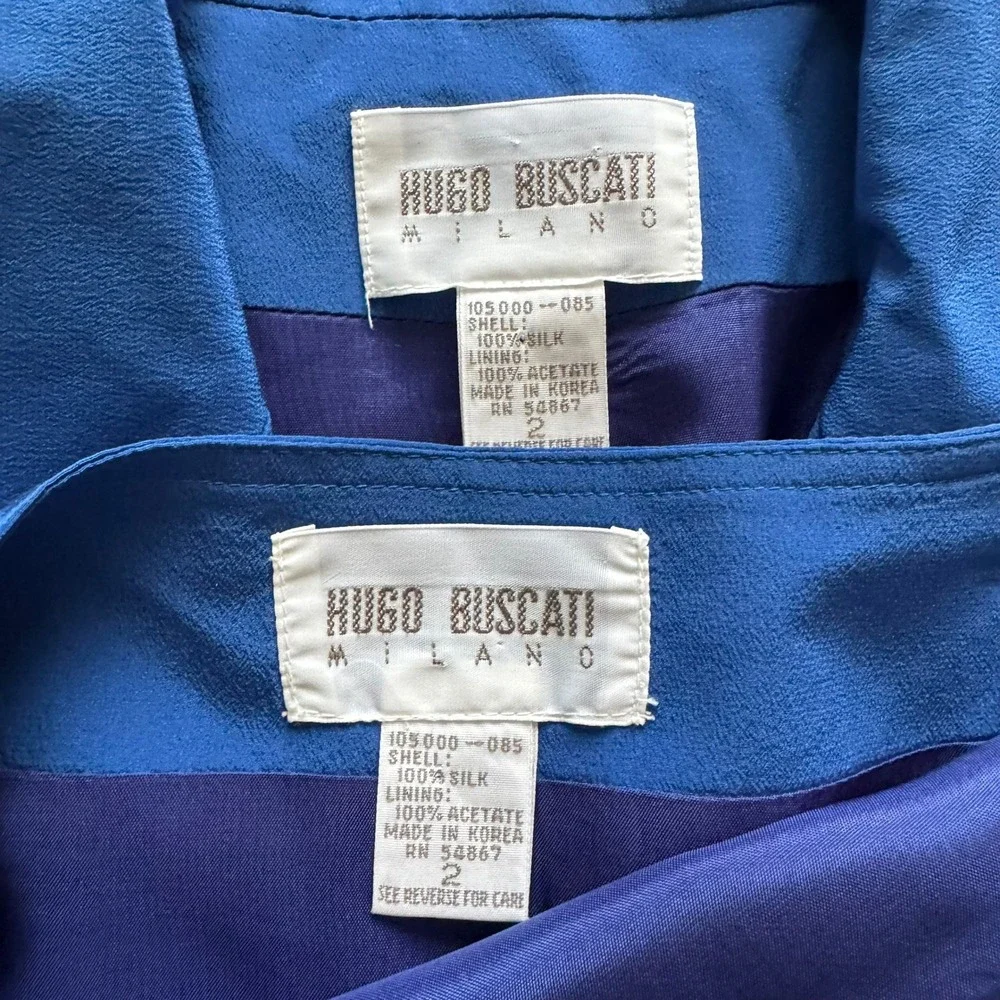 Hugo Buscati Milano Vintage Royal Blue 100% Silk Blazer Wrap Skirt Suit Set 2 4